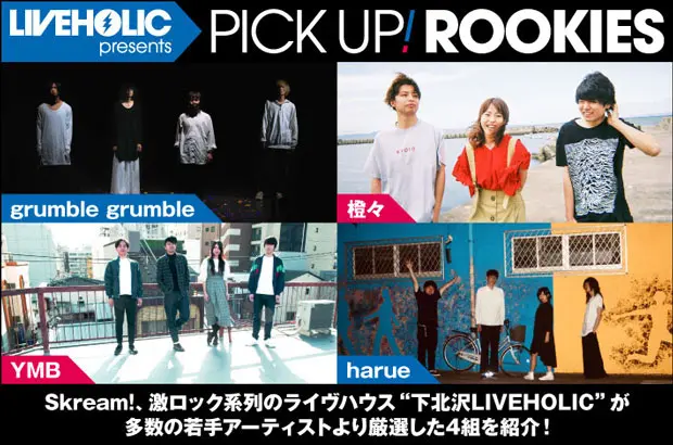 下北沢LIVEHOLICが注目の若手を厳選、PICK UP! ROOKIES公開。今月は、grumble grumble、橙々、YMB、harueの4組が登場