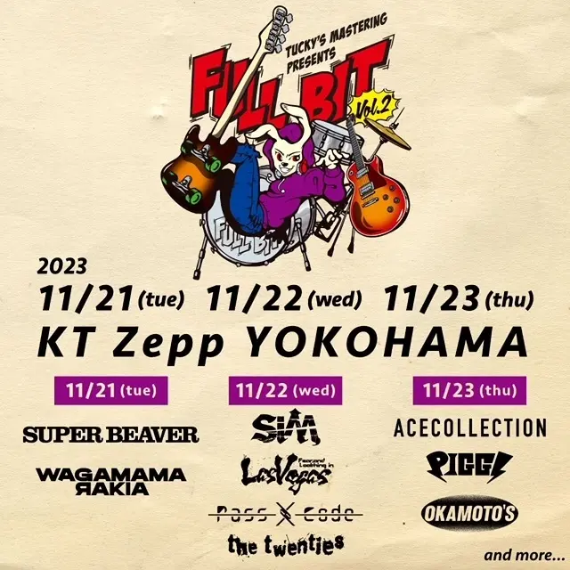 SUPER BEAVER、OKAMOTO'S、PIGGS、ACE COLLECTION、the twentiesら出演。"Tucky's Mastering Presents -FULL BIT Vol.2-"、KT Zepp Yokohamaにて11/21-23開催