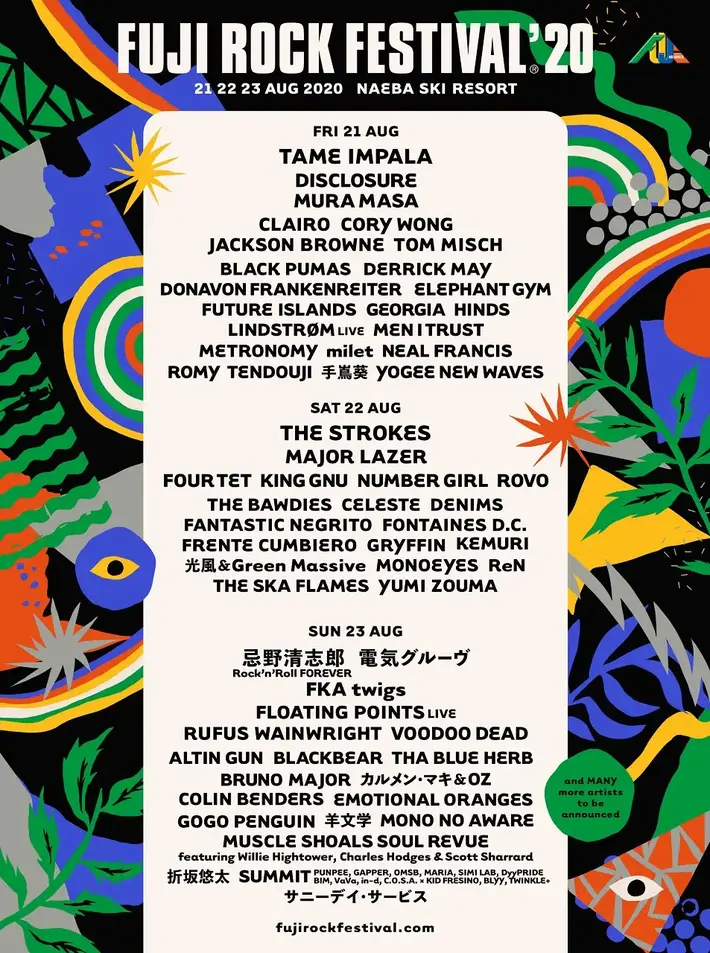 "FUJI ROCK FESTIVAL'20"、第2弾アーティストに忌野清志郎 Rock'n'Roll FOREVER、電気グルーヴ、ナンバガ、King Gnu、FOUR TET、milet、ReNら29組決定。日割りも発表