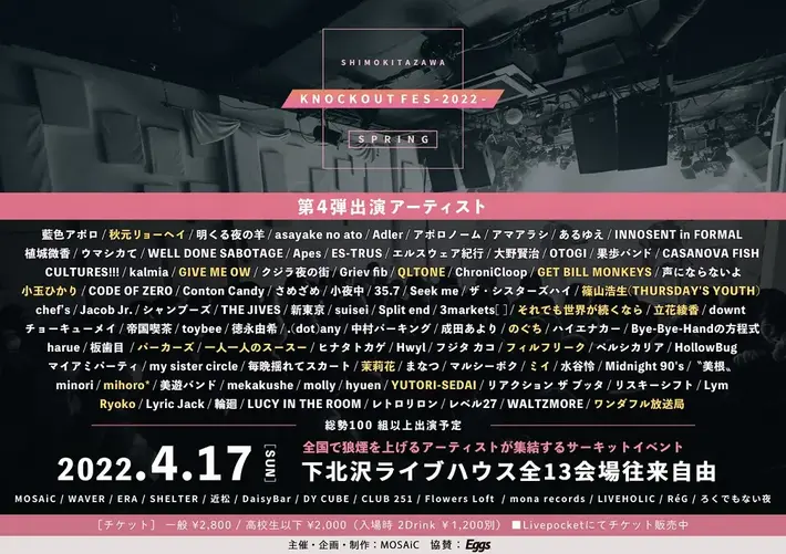 下北沢サーキット・イベント"KNOCKOUT FES 2022 spring"第4弾出演者にフィルフリーク、それでも世界が続くなら、mihoro*、GIVE ME OWら18組