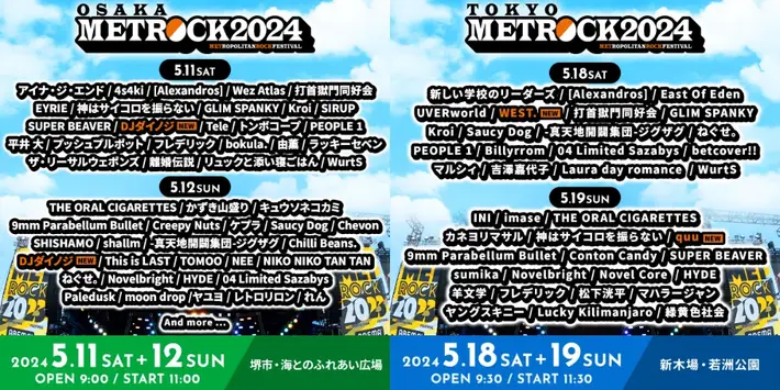 "METROCK2024"、第6弾出演アーティストでWEST.、quu、DJダイノジ発表。タイムテーブル公開